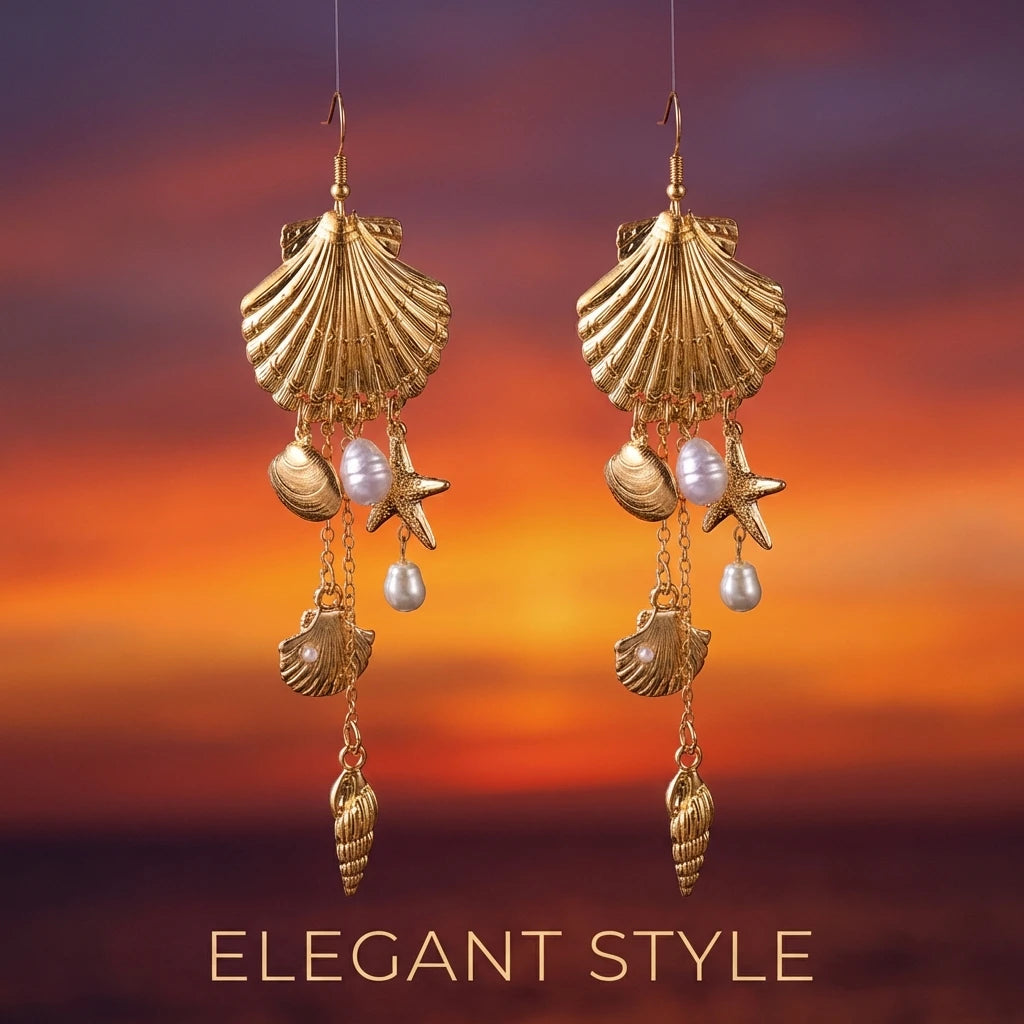 Mermaidcore Large Statement Earrings for Women Gold Color Shell Imitation Pearl Tassel Drop Boho Festival Beach Summer Jewelry Rumanglobalcraft