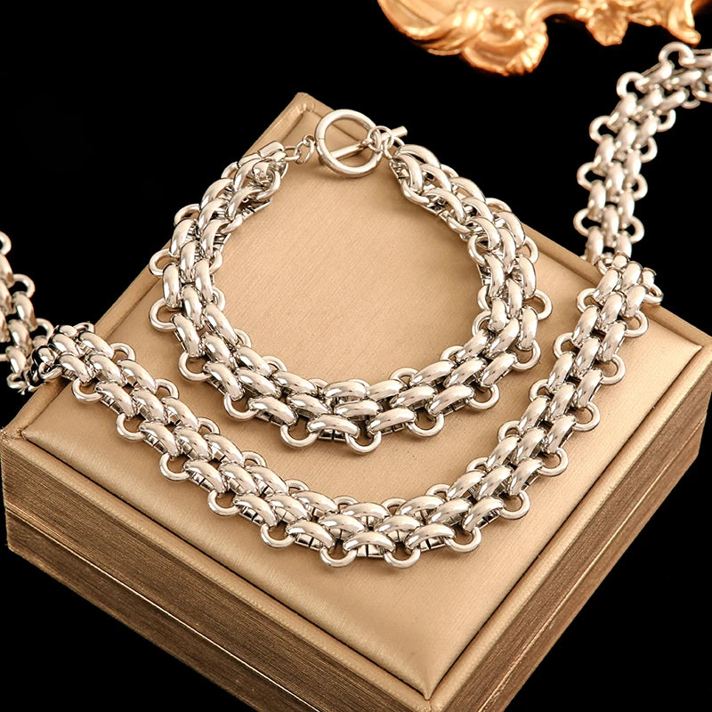 EILIECK 316L Stainless Steel Silver Color Cuban Chain Statement Necklace Bracelet Set Charm Fashion Women Waterproof Jewelry Set (Copy)