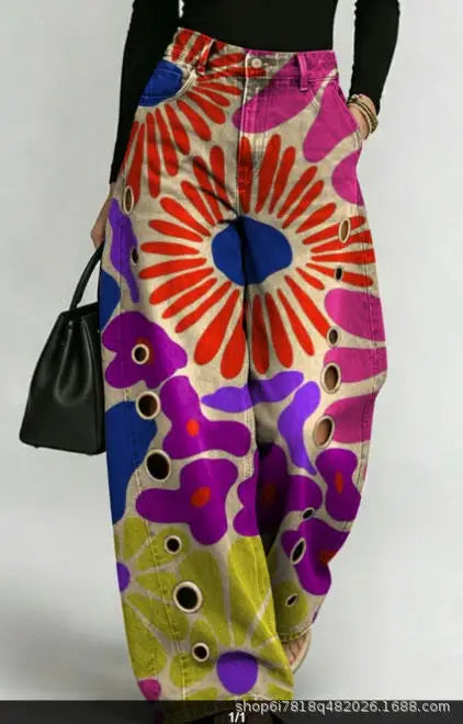 Printed Wide-Leg Pants with Circular Patterns High-Waisted Flowy Denim Trousers Rumanglobalcraft