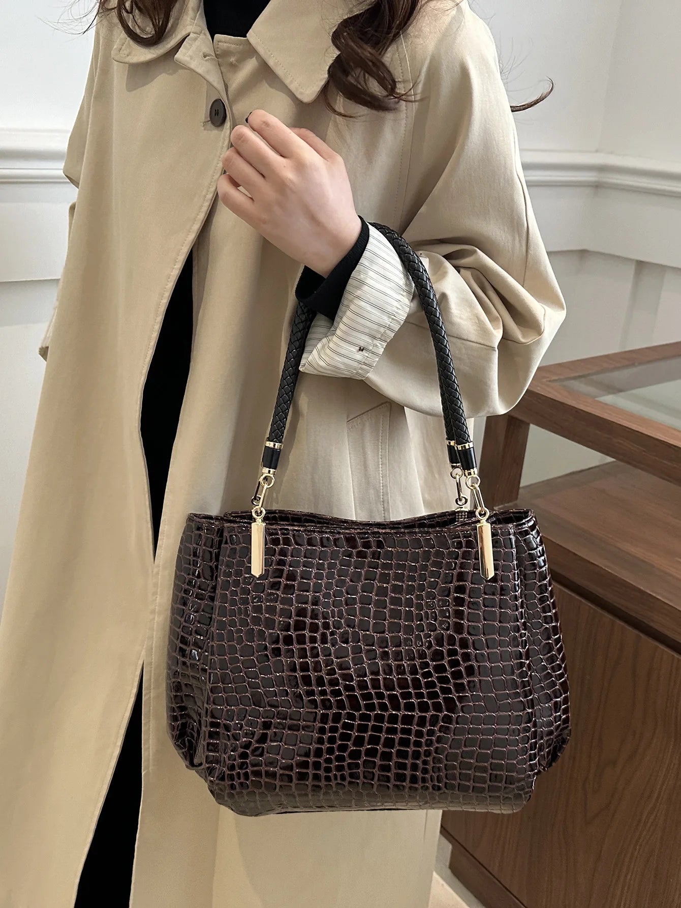 Classic Crocodile Print Stone Texture Top Handle Bag
