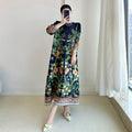 Miyake Vintage Print Dress Seven Sleeve Casual Dresses 2025 Summer New Outdoor Travel Holiday Essential Female Clothing Apparel