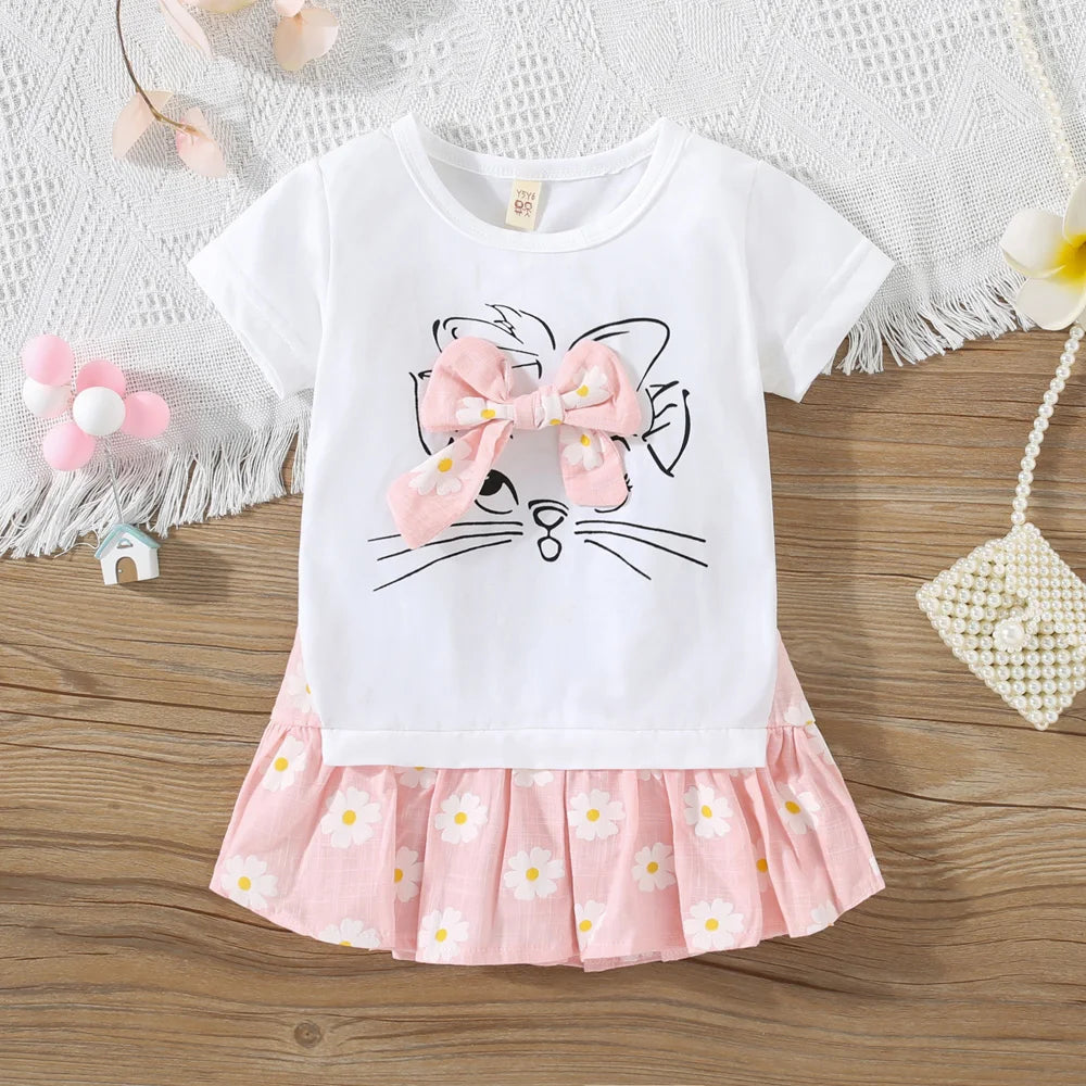 Flower Cat Print Infant Dress Summer New Girls' Baby Short Sleeve Dress Cute Girl Children'S Clothing