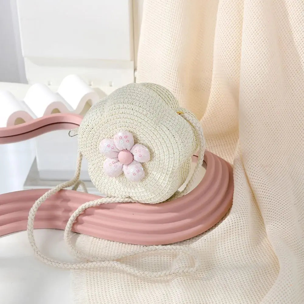 Durable Straw Crossbody Bag Flower Small Coin Purse Handbag Girls Kids
