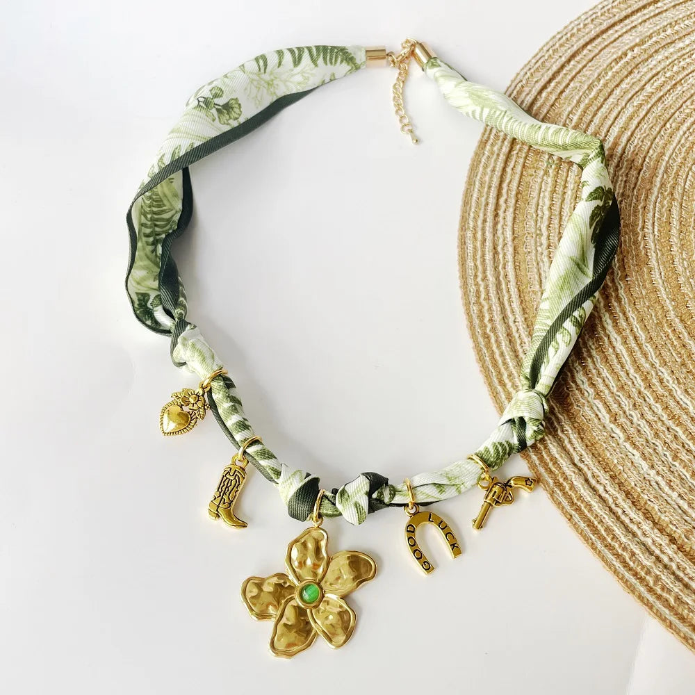 Trendy Boho Bandana Scarf Necklace for Women – Fashion Fruit Flower Sun Heart Charm Pendant Neck Wrap Jewelry
