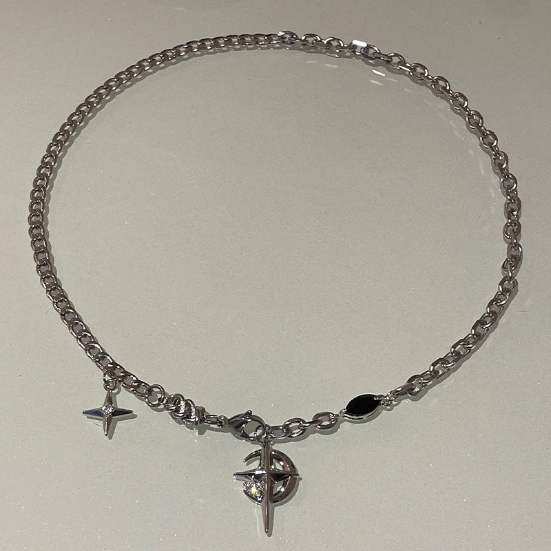 JWER New Y2K Cuban Figaro Chain Star Moon Pendant Necklace Men Punk Black Zircon Chain Choker Necklace For Men Jewelry Gifts