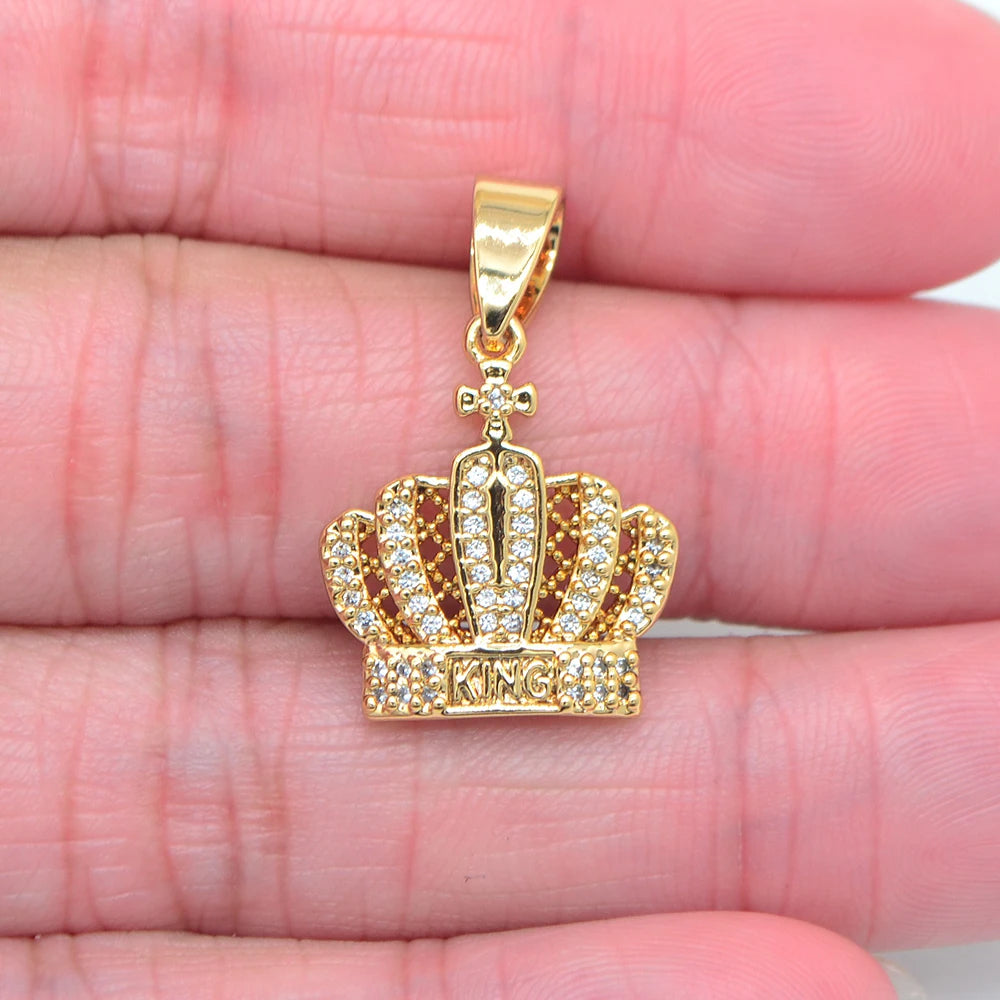 High Quality Gold Color Clear Cubic Zirconia Hip Hop Bling KING Crown Pendant Jewelry