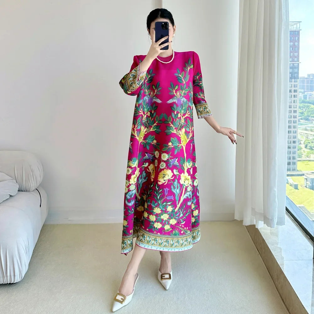 Miyake Vintage Print Dress Seven Sleeve Casual Dresses 2025 Summer New Outdoor Travel Holiday Essential Female Clothing Apparel