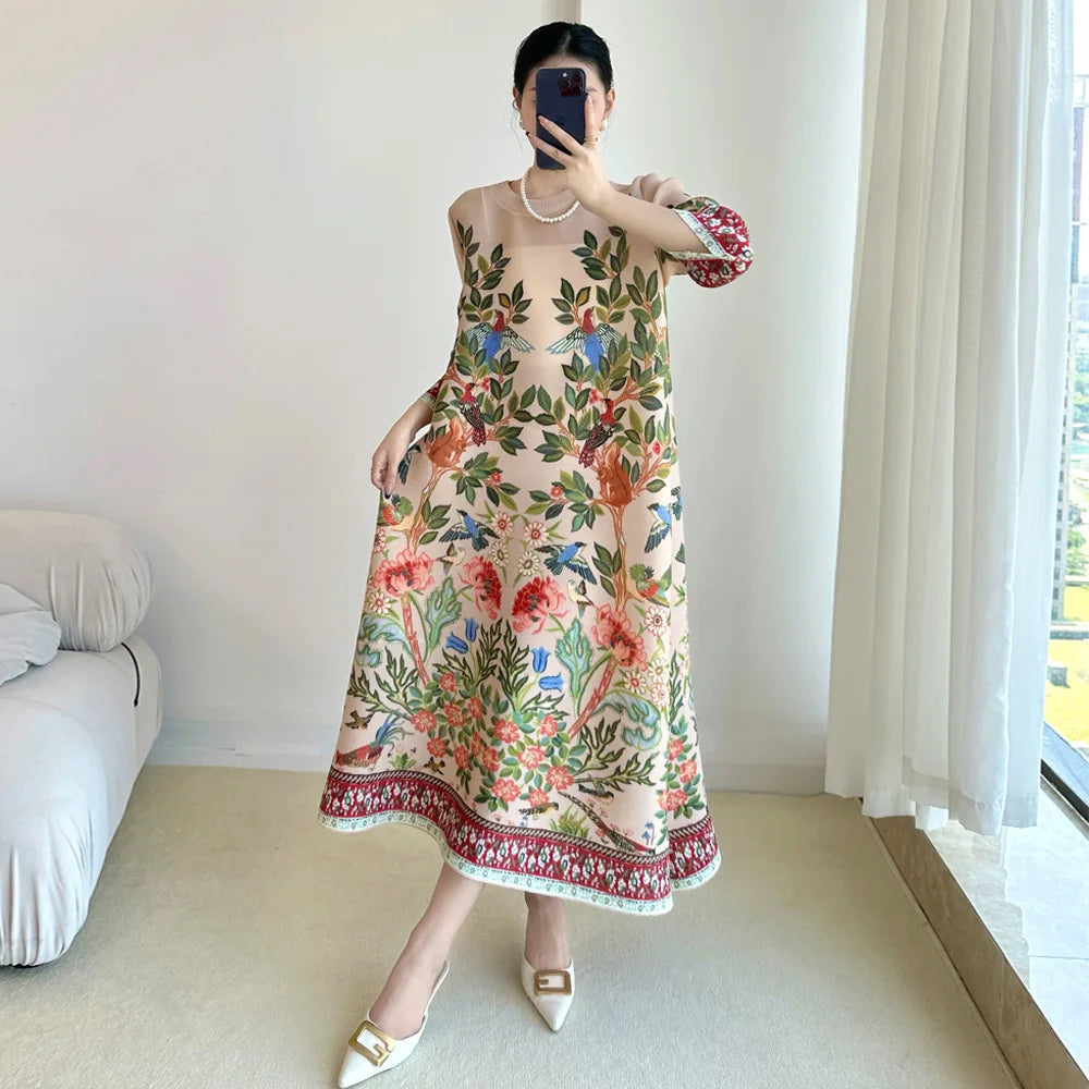 Miyake Vintage Print Dress Seven Sleeve Casual Dresses 2025 Summer New Outdoor Travel Holiday Essential Female Clothing Apparel