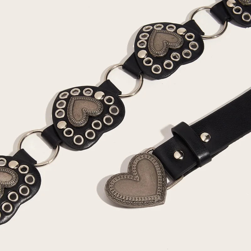 Fashionable Creative Women's Harajuku Heart-Shaped Heart Buckle Y2K Belt Female Black Pu Strap Designer Luxury Jeans Waistband.