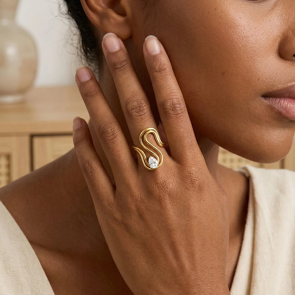 Abstract Winding Geometric Gold Ring for Women Waterproof Stainless Steel Liquid Metal Teardrop Zircon Ring Jewelry Gift