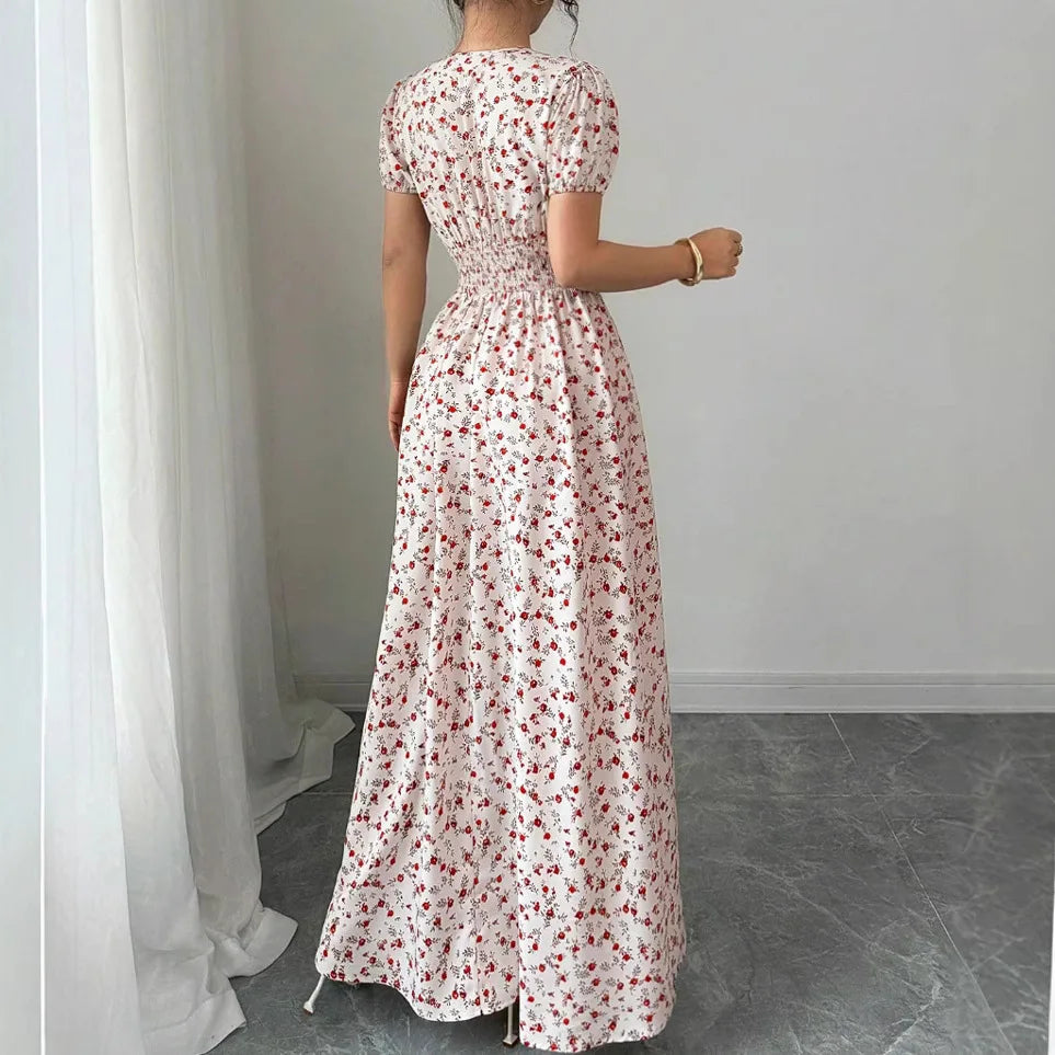 Women Summer Floral Print V Neck Short Sleeve Party Long Dress Rumanglobalcraft