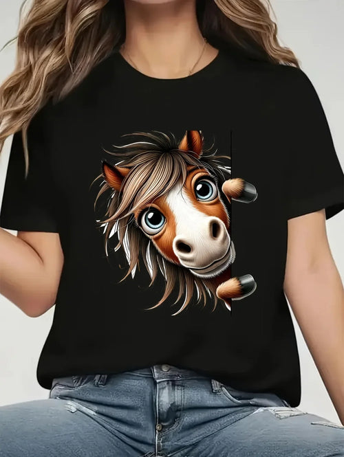 2026 New Women's Casual Short-Sleeve T-Shirt Vintage Horse Print Graphic Tee Summer Fashion High Quality Sports Women's Clothing (Copy)