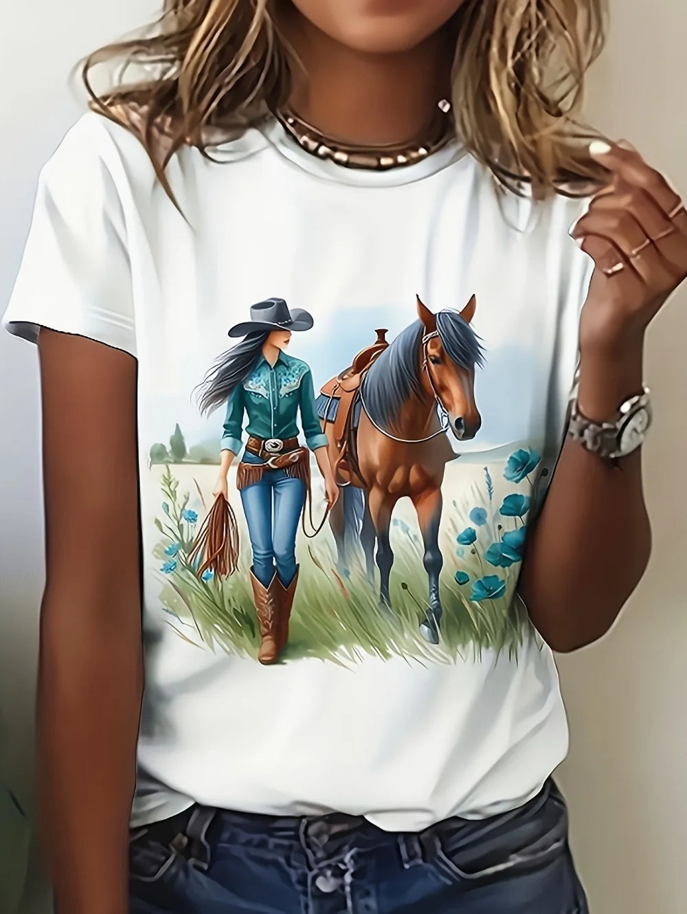 2026 New Women's Casual Short-Sleeve T-Shirt Vintage Horse Print Graphic Tee Summer Fashion High Quality Sports Women's Clothing (Copy)