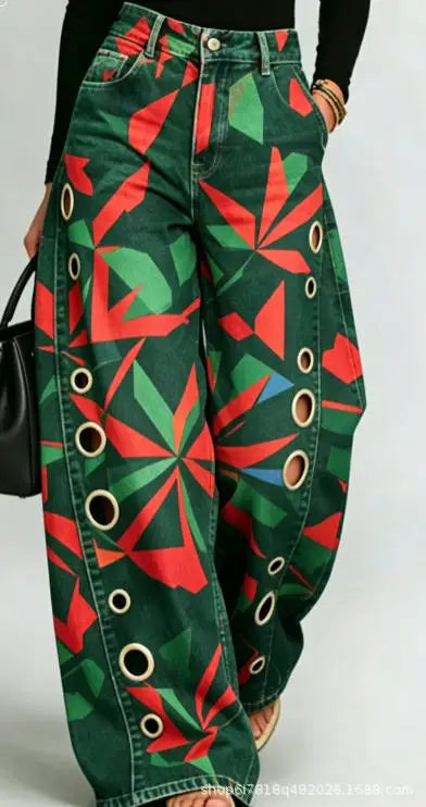 Printed Wide-Leg Pants with Circular Patterns High-Waisted Flowy Denim Trousers Rumanglobalcraft