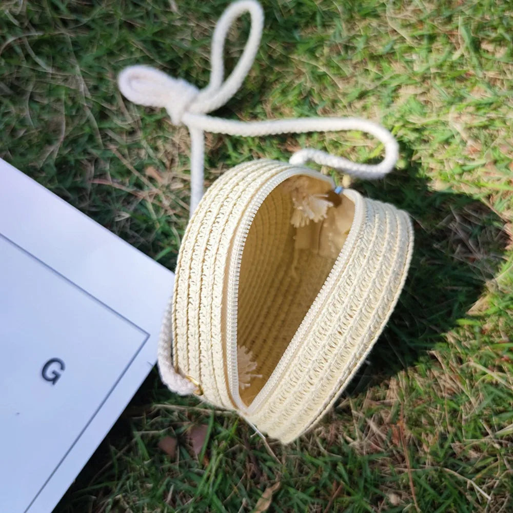 Mini Handmade Straw Crossbody Bags Summer Shoulder Messenger Handbag Baby Lovely Flower Kids Keys Coin Purse Bags for Children
