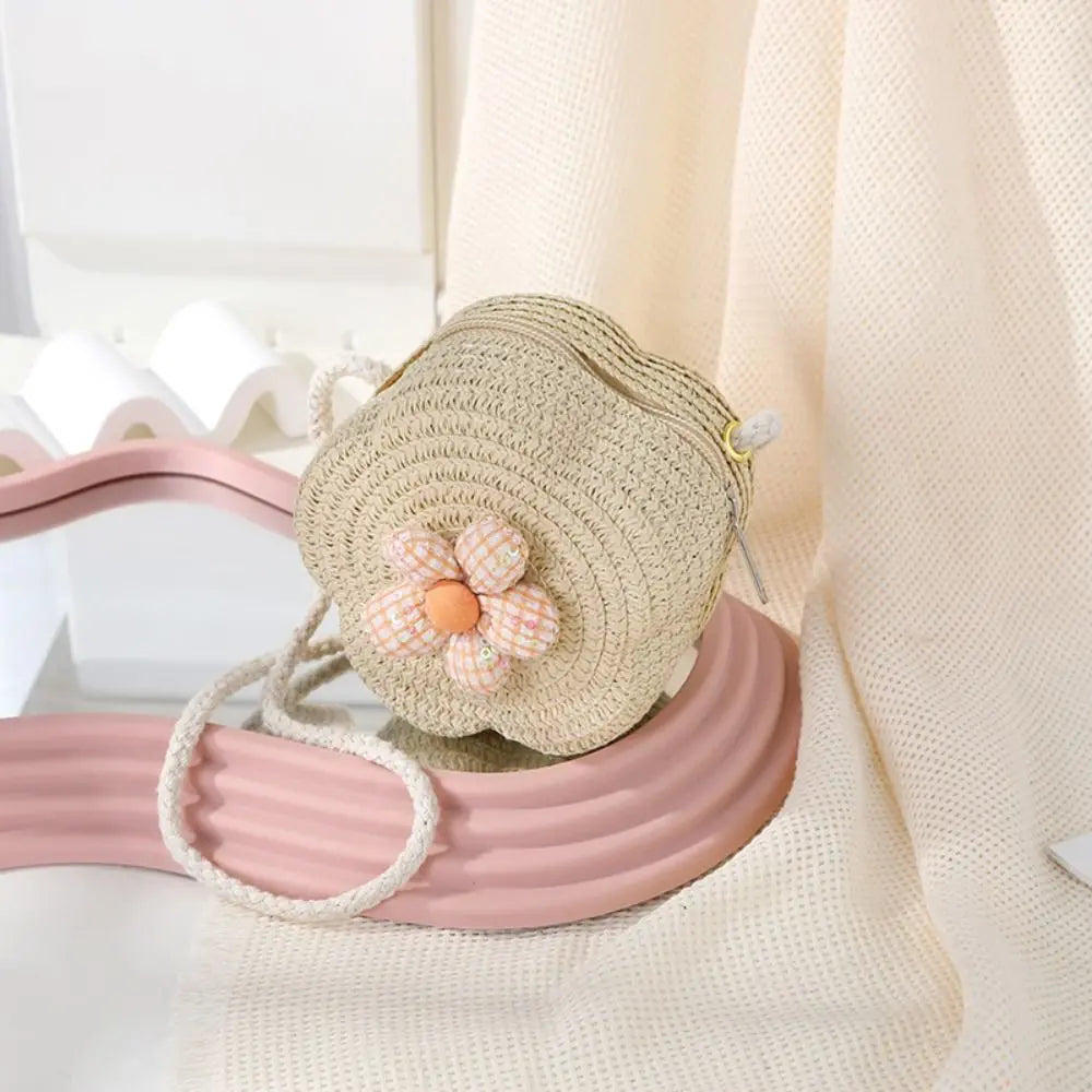 Durable Straw Crossbody Bag Flower Small Coin Purse Handbag Girls Kids