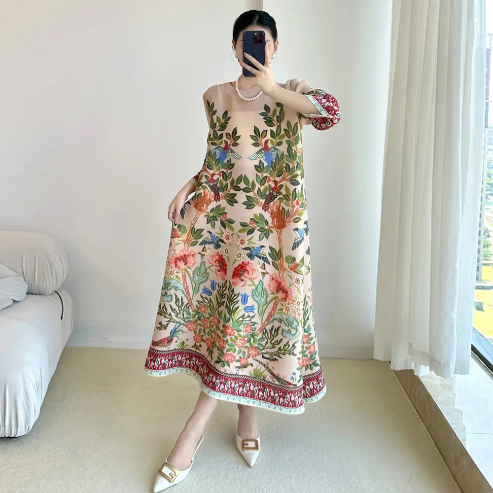 Miyake Vintage Print Dress Seven Sleeve Casual Dresses 2025 Summer New Outdoor Travel Holiday Essential Female Clothing Apparel