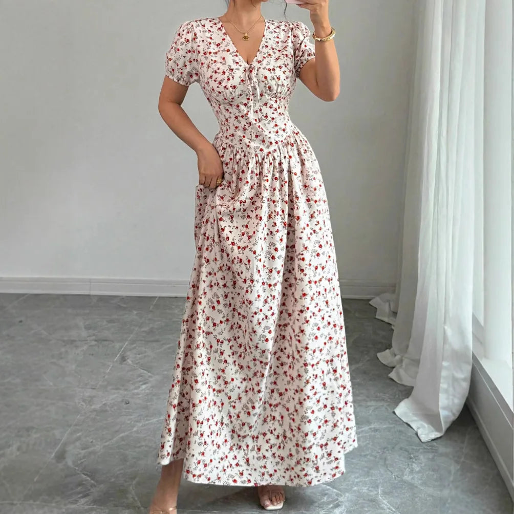 Women Summer Floral Print V Neck Short Sleeve Party Long Dress Rumanglobalcraft