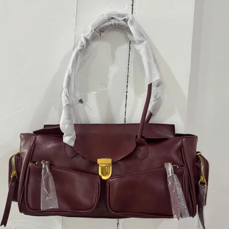 Vintage Underarm Bag For Girl Versatile Handbag Multi-pocket Motorcycle Bag Luxury Designer Handbag Spaghetti Strap Leather Bag