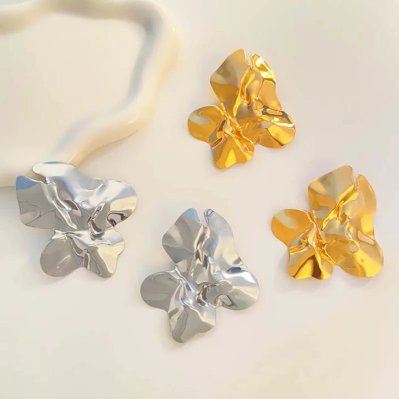 Vintage Metal Irregular Pleated Stud Earrings for Women Exaggerated Gold Color Large Geometric Statement Earrings Party Jewelry