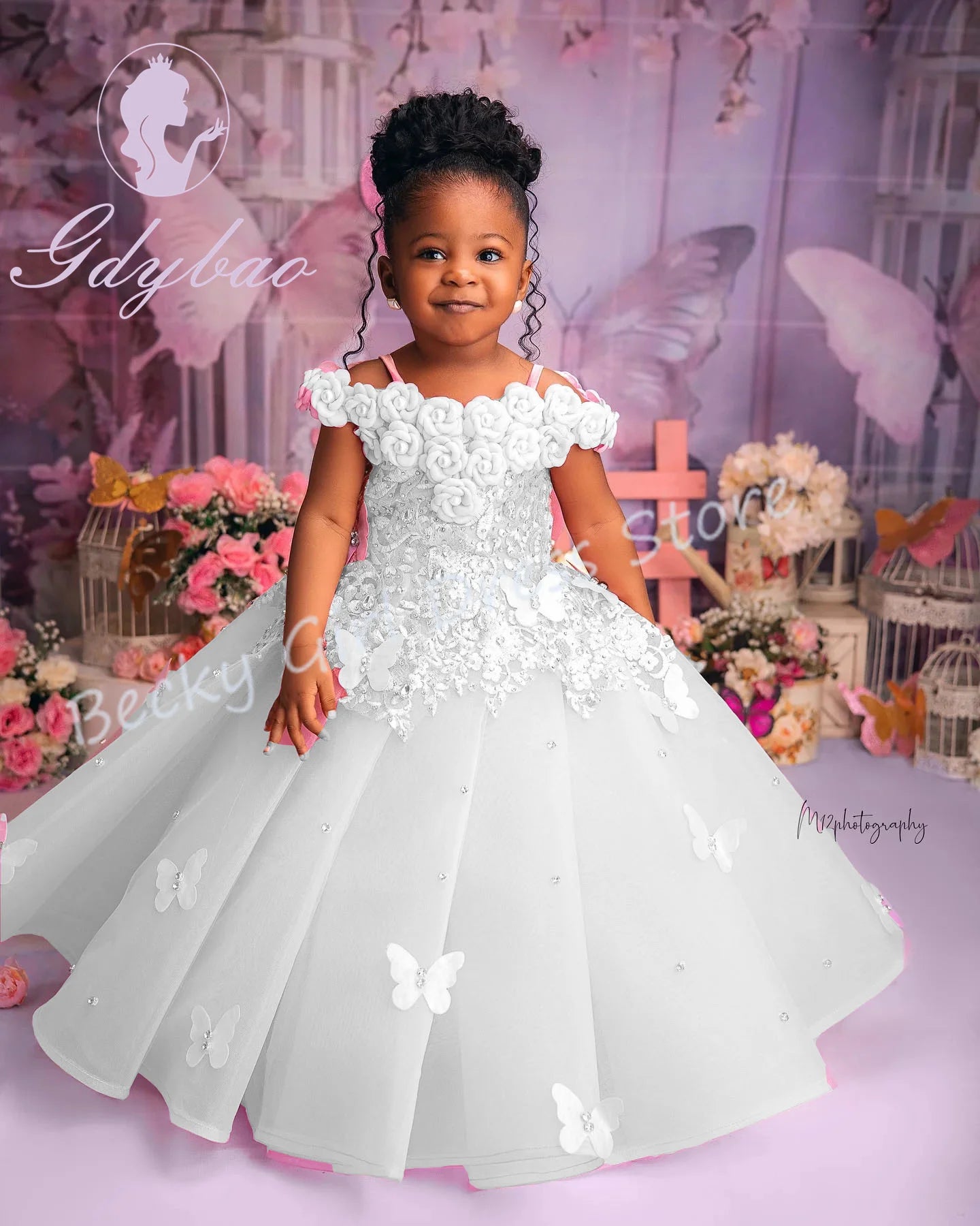 Customized Pink Flower Girl Dresses For Wedding Appliques Butterflies Pearls Cute Kids Birthday Party First Communion Gown.