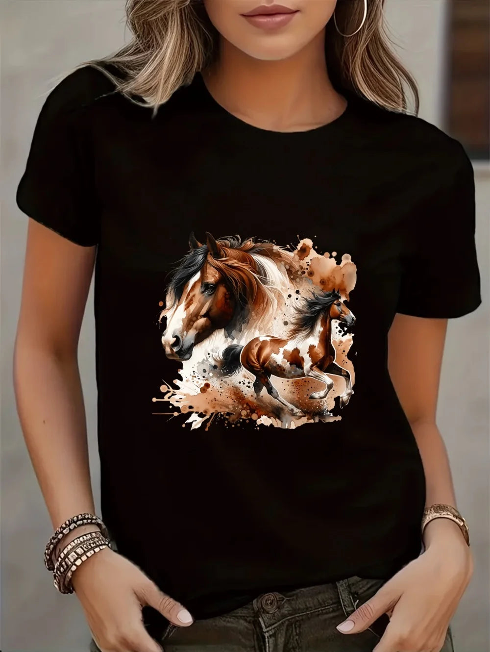 2026 New Women's Casual Short-Sleeve T-Shirt Vintage Horse Print Graphic Tee Summer Fashion High Quality Sports Women's Clothing (Copy)