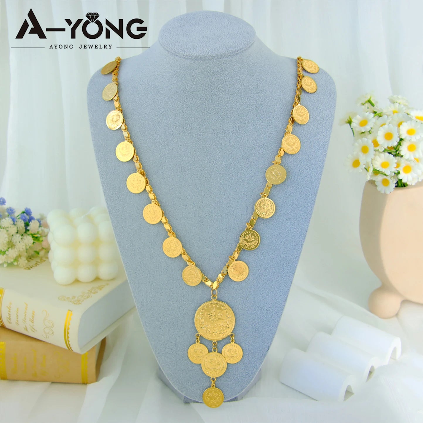 Delicate Algeria Wedding Long Necklace 21k Gold Plated Turkish Coins Charm Chokers Arabic Islamic Women Bridal Vintage Jewelry