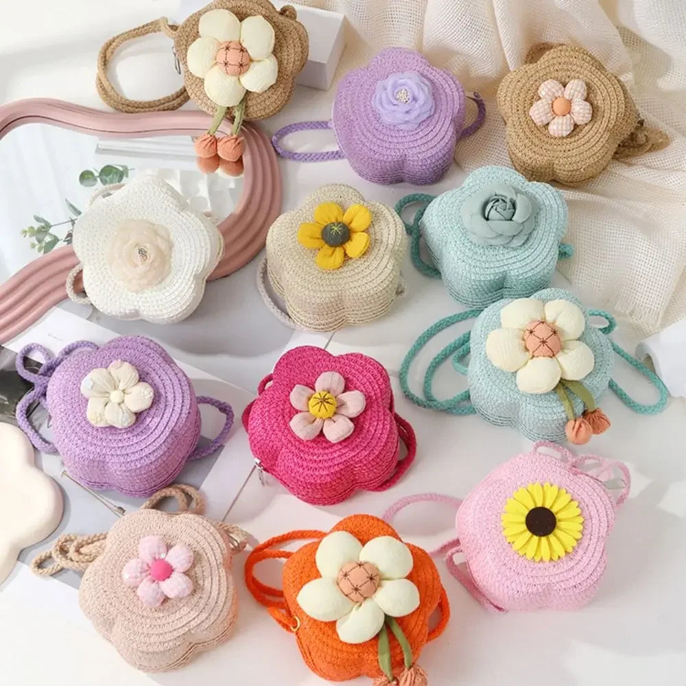 Durable Straw Crossbody Bag Flower Small Coin Purse Handbag Girls Kids