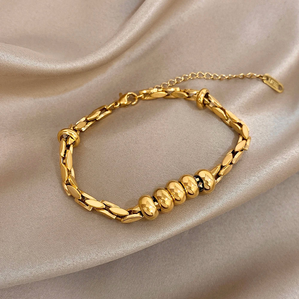 Greatera Light Luxury Twisted Steel Ball Gold Chain Bracelet Charm Two Tone Waterproof Unique Artistic Popular Men Women Bangle