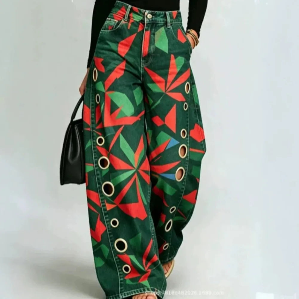 Printed Wide-Leg Pants with Circular Patterns High-Waisted Flowy Denim Trousers Rumanglobalcraft