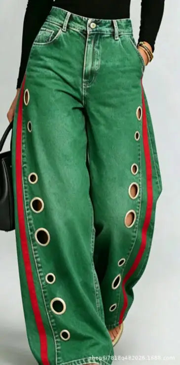 Printed Wide-Leg Pants with Circular Patterns High-Waisted Flowy Denim Trousers Rumanglobalcraft