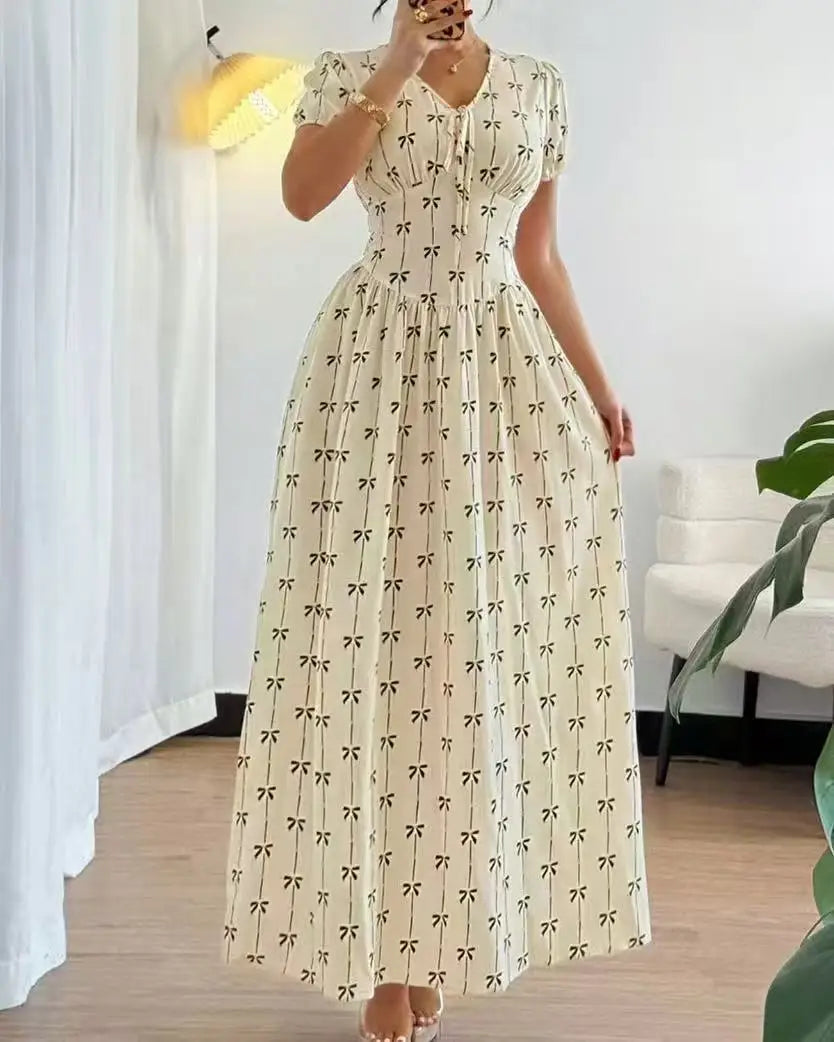 Women Summer Floral Print V Neck Short Sleeve Party Long Dress Rumanglobalcraft