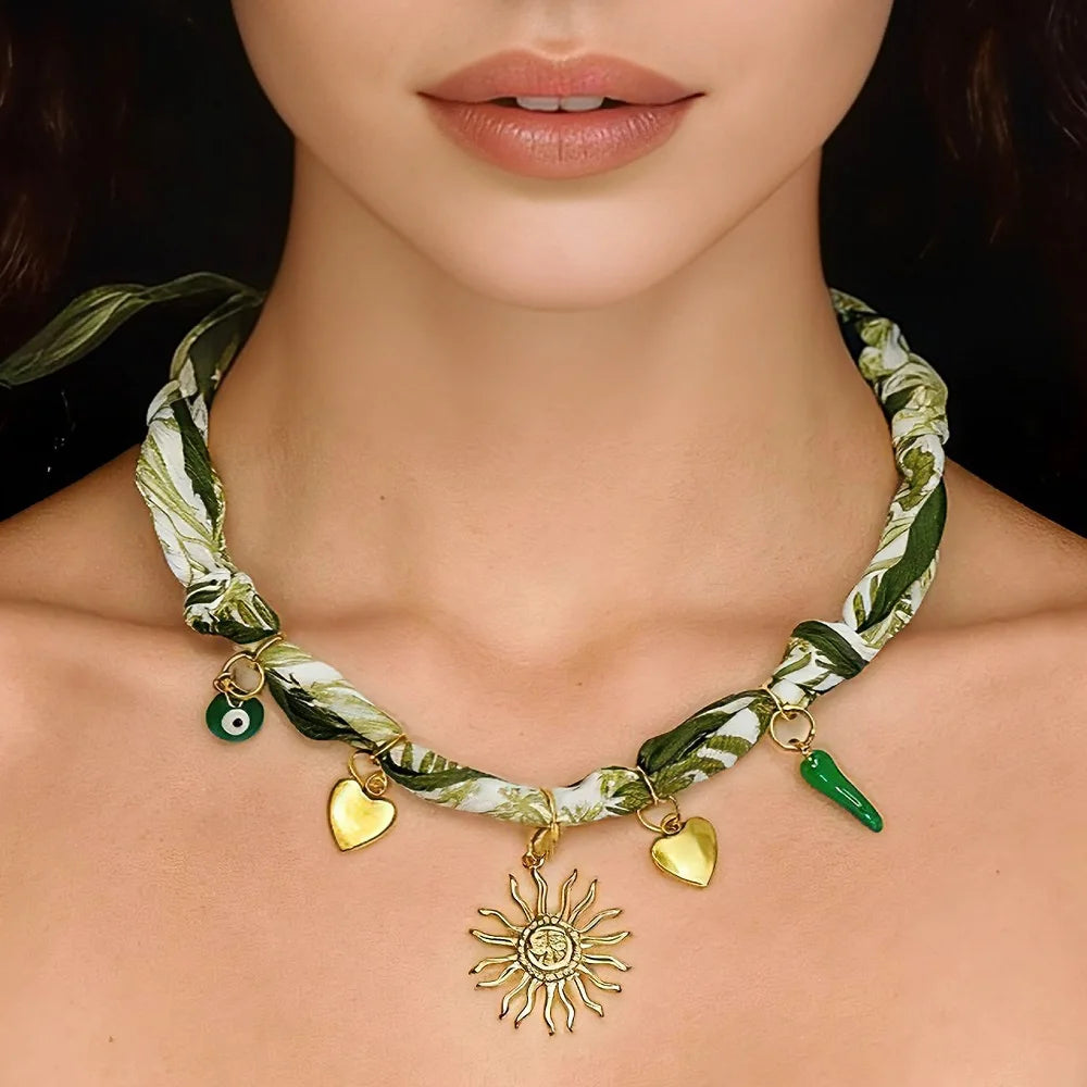 Trendy Boho Bandana Scarf Necklace for Women – Fashion Fruit Flower Sun Heart Charm Pendant Neck Wrap Jewelry