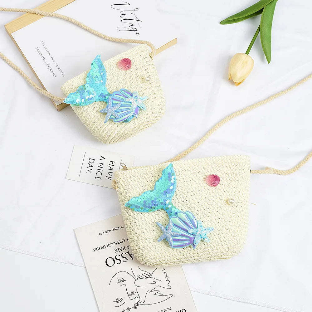 Cartoon Ocean Summer Children's Shoulder Bag Beach Straw Baby Kids Small Crossbody Bags Girls Princess Change Purse Handbags