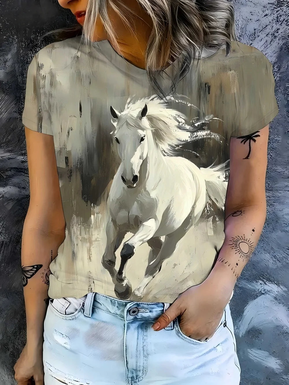 2026 New Women's Casual Short-Sleeve T-Shirt Vintage Horse Print Graphic Tee Summer Fashion High Quality Sports Women's Clothing (Copy)
