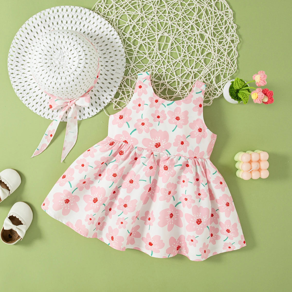 (0-2 Year Old Baby Girl Floral Dress) Summer New Sweet Bow Children'S Sleeveless Clothes With Free Hat For Beach Party