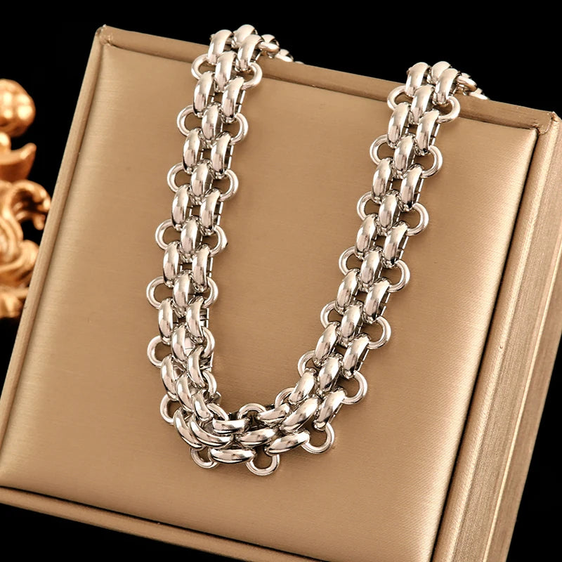 EILIECK 316L Stainless Steel Silver Color Cuban Chain Statement Necklace Bracelet Set Charm Fashion Women Waterproof Jewelry Set (Copy)