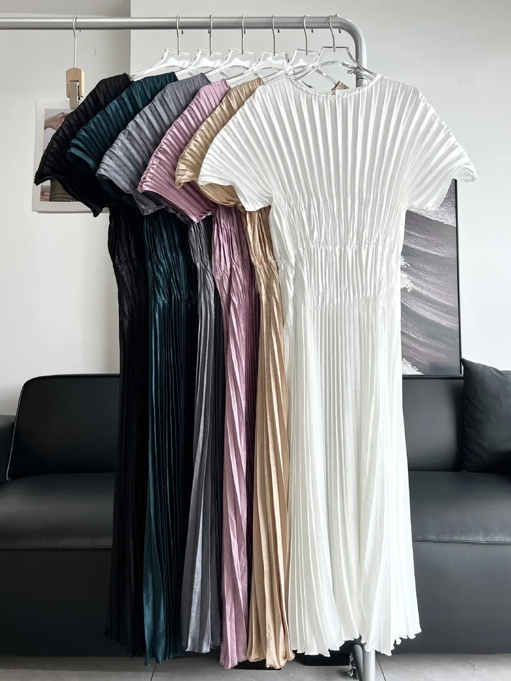 Miyake Pleated Butterfly Sleeves Solid Color Elegant Slim Dress Women's Print Long Dress Beautiful Long Dresses 2024 Summer New