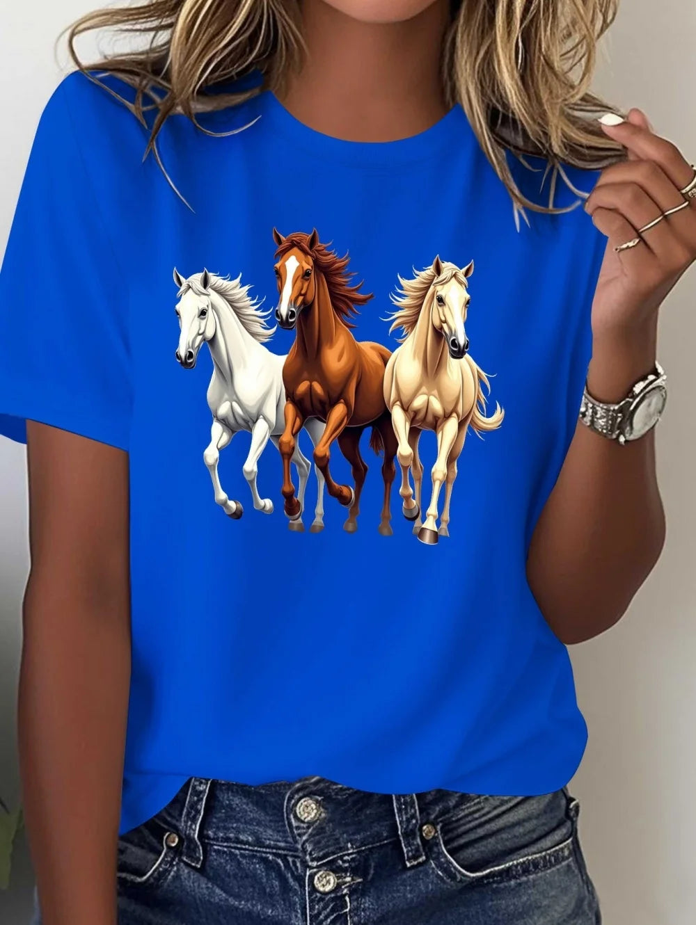 2026 New Women's Casual Short-Sleeve T-Shirt Vintage Horse Print Graphic Tee Summer Fashion High Quality Sports Women's Clothing (Copy)