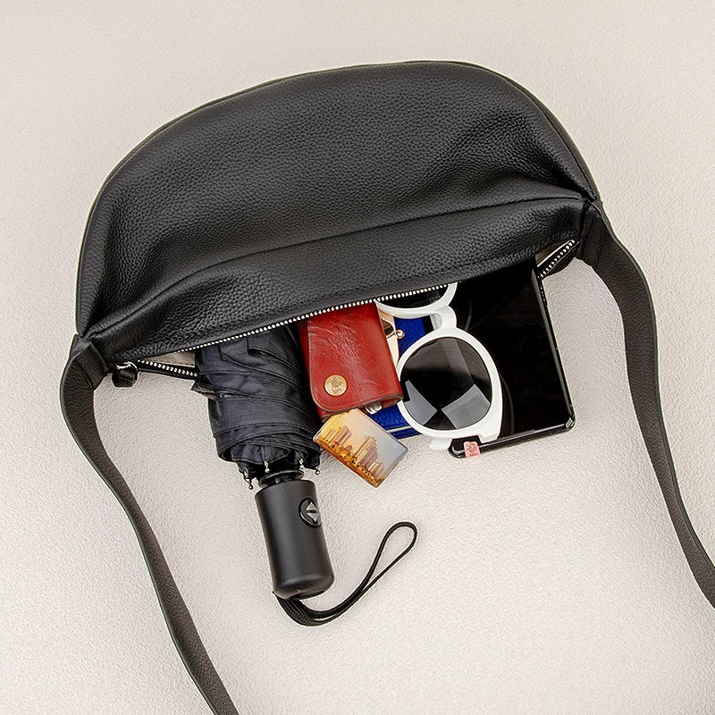 Donna-in Genuine Leather Shoulder Cross-body Bag Women Men Classic Casual Black Hobos Chest Bag Comfortable Wide Shoulder Strap