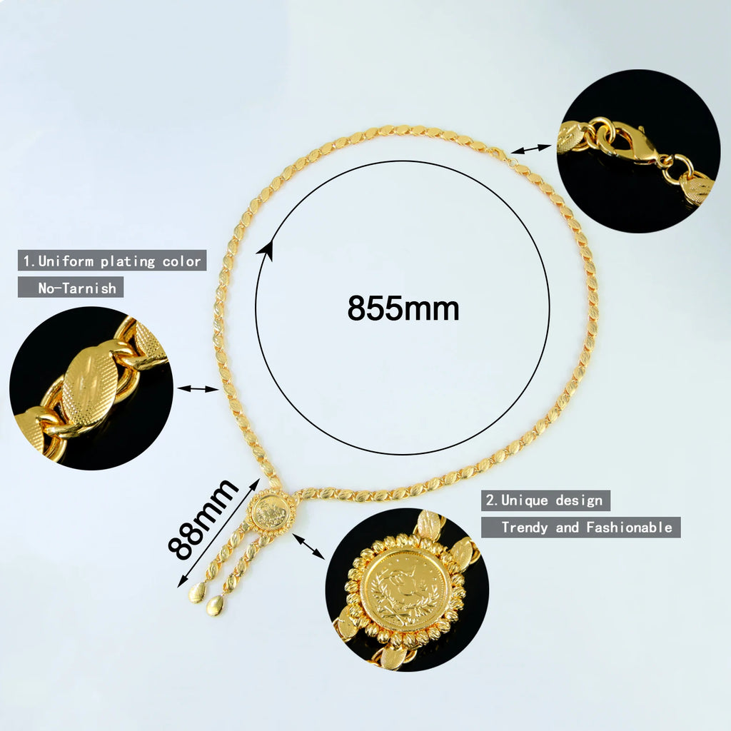 Delicate Algeria Wedding Long Necklace 21k Gold Plated Turkish Coins Charm Chokers Arabic Islamic Women Bridal Vintage Jewelry