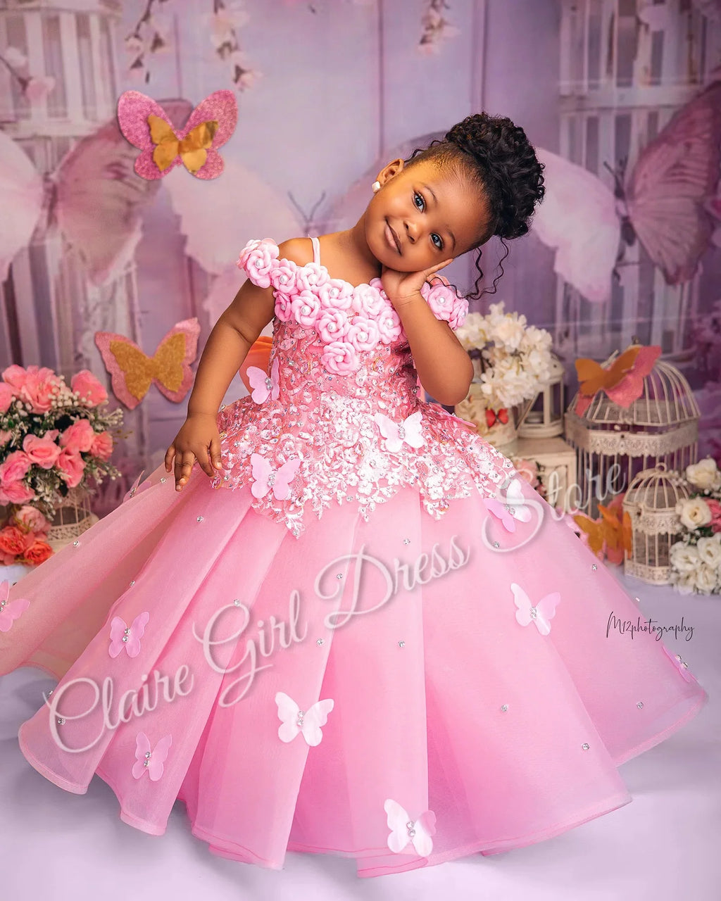 Customized Pink Flower Girl Dresses For Wedding Appliques Butterflies Pearls Cute Kids Birthday Party First Communion Gown.