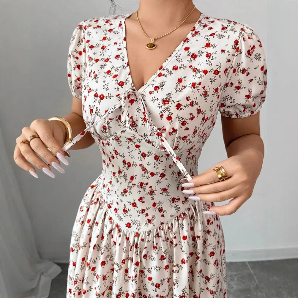 Women Summer Floral Print V Neck Short Sleeve Party Long Dress Rumanglobalcraft