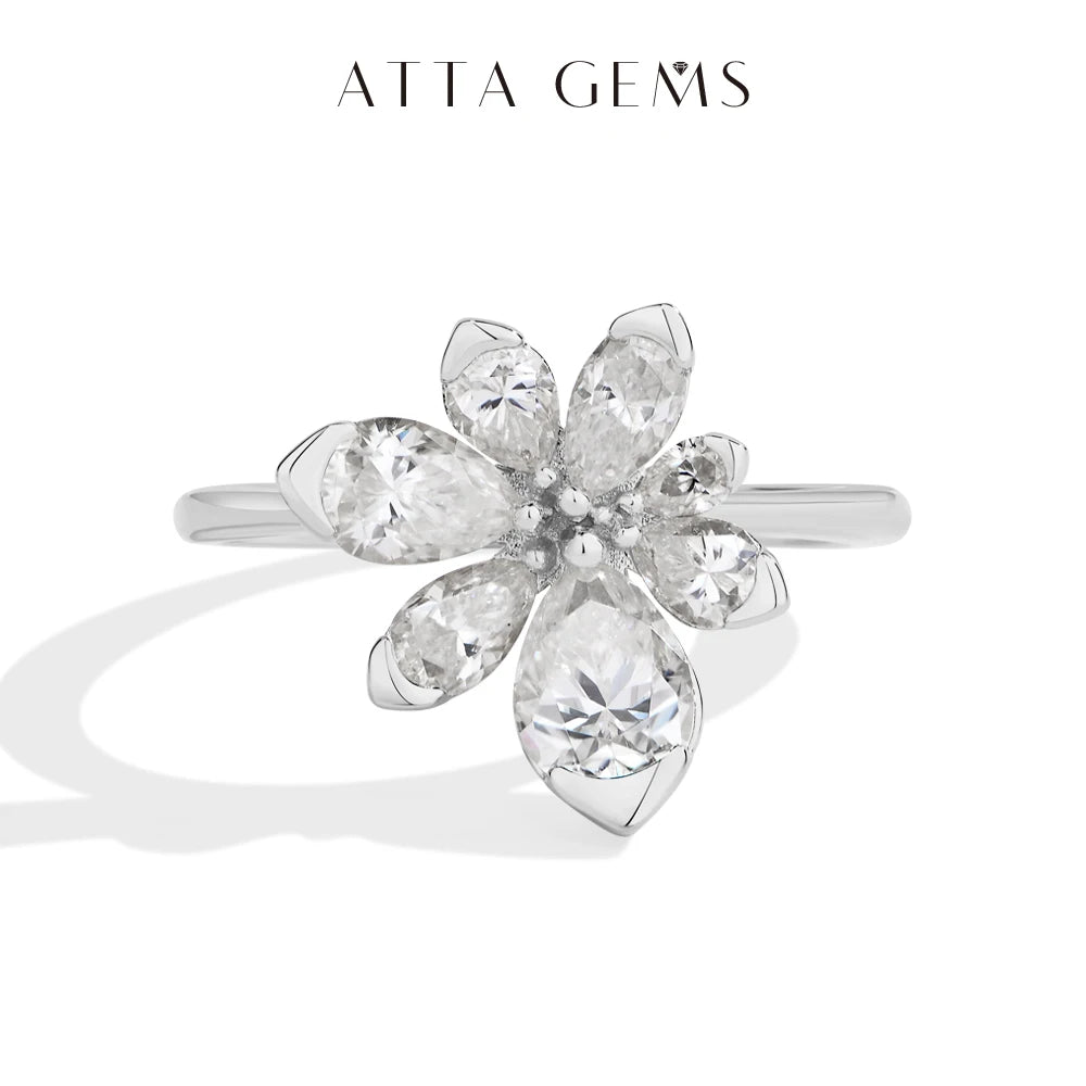 ATTAGEMS 925 Sterling Silver Luxury Women Ring Flowers D VVS1 Moissanite Pear-cut Engagement Band Anniversary Gift Fine Jewelry