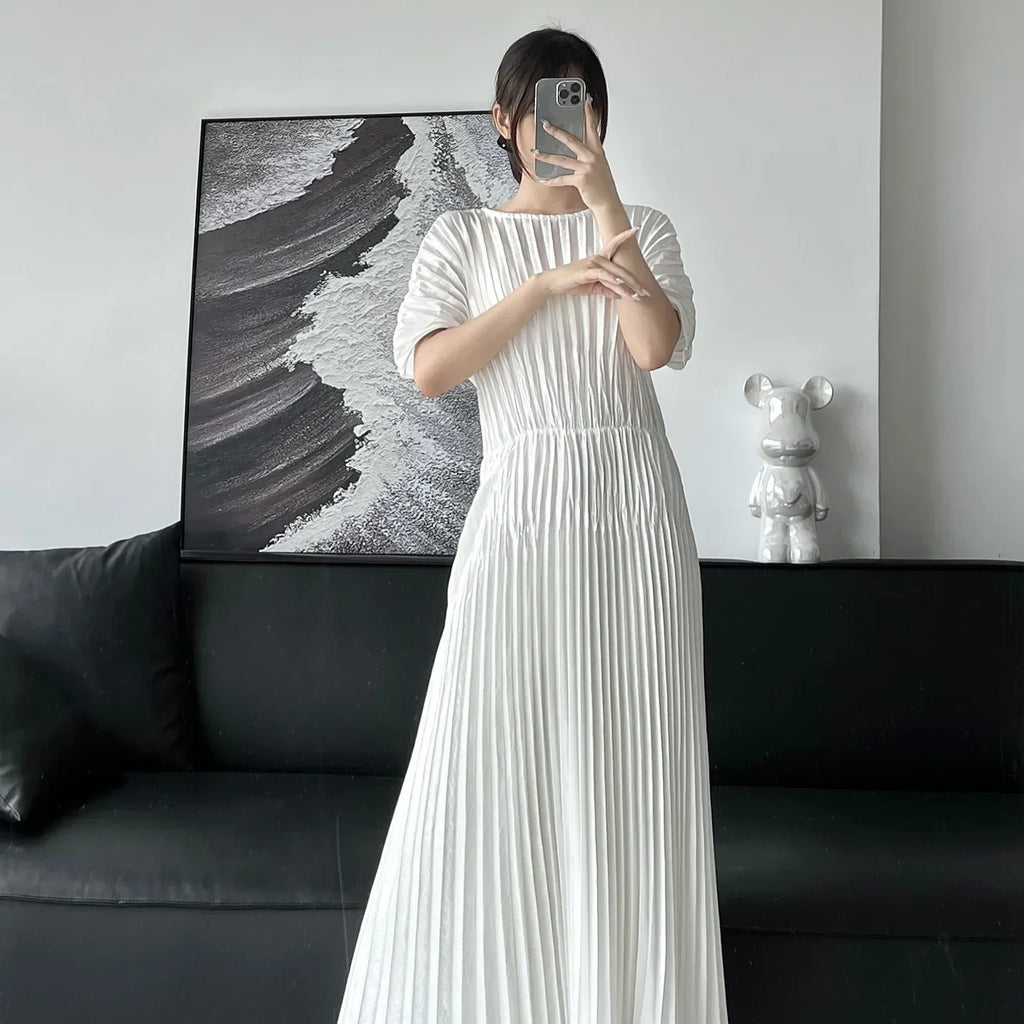 Miyake Pleated Butterfly Sleeves Solid Color Elegant Slim Dress Women's Print Long Dress Beautiful Long Dresses 2024 Summer New