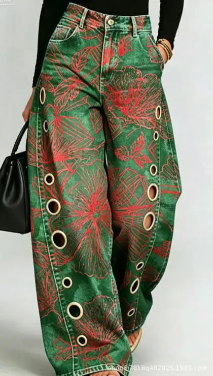 Printed Wide-Leg Pants with Circular Patterns High-Waisted Flowy Denim Trousers Rumanglobalcraft