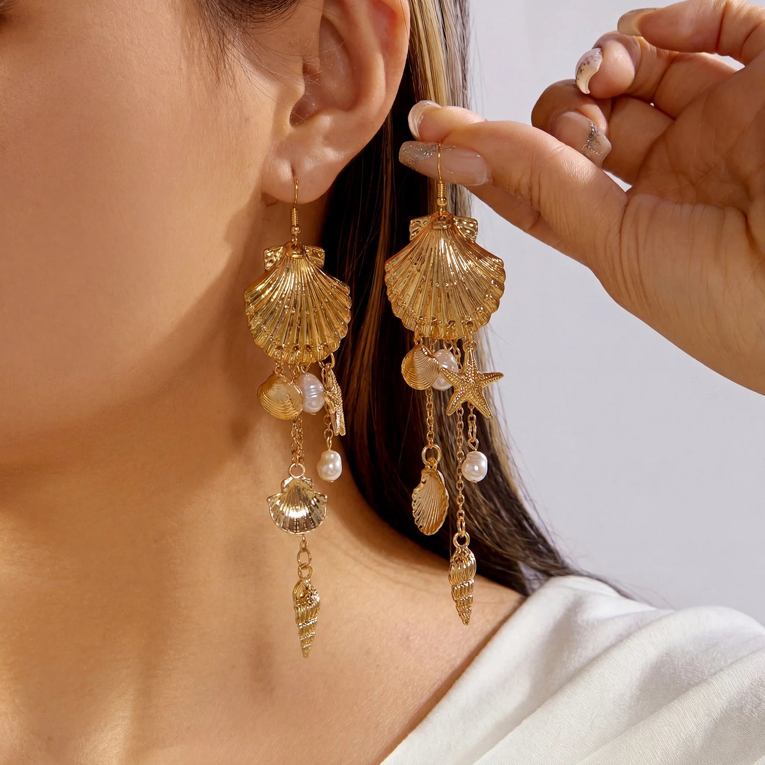 Mermaidcore Large Statement Earrings for Women Gold Color Shell Imitation Pearl Tassel Drop Boho Festival Beach Summer Jewelry Rumanglobalcraft