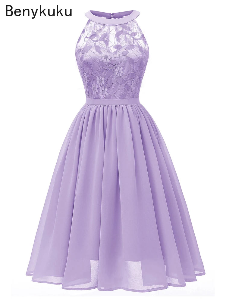Sweet Lilac Lace Chiffon Pleated Dress Elegant High Waist Women Midi Dresses 2026 Summer Sleeveless Vintage Evening Party Dress