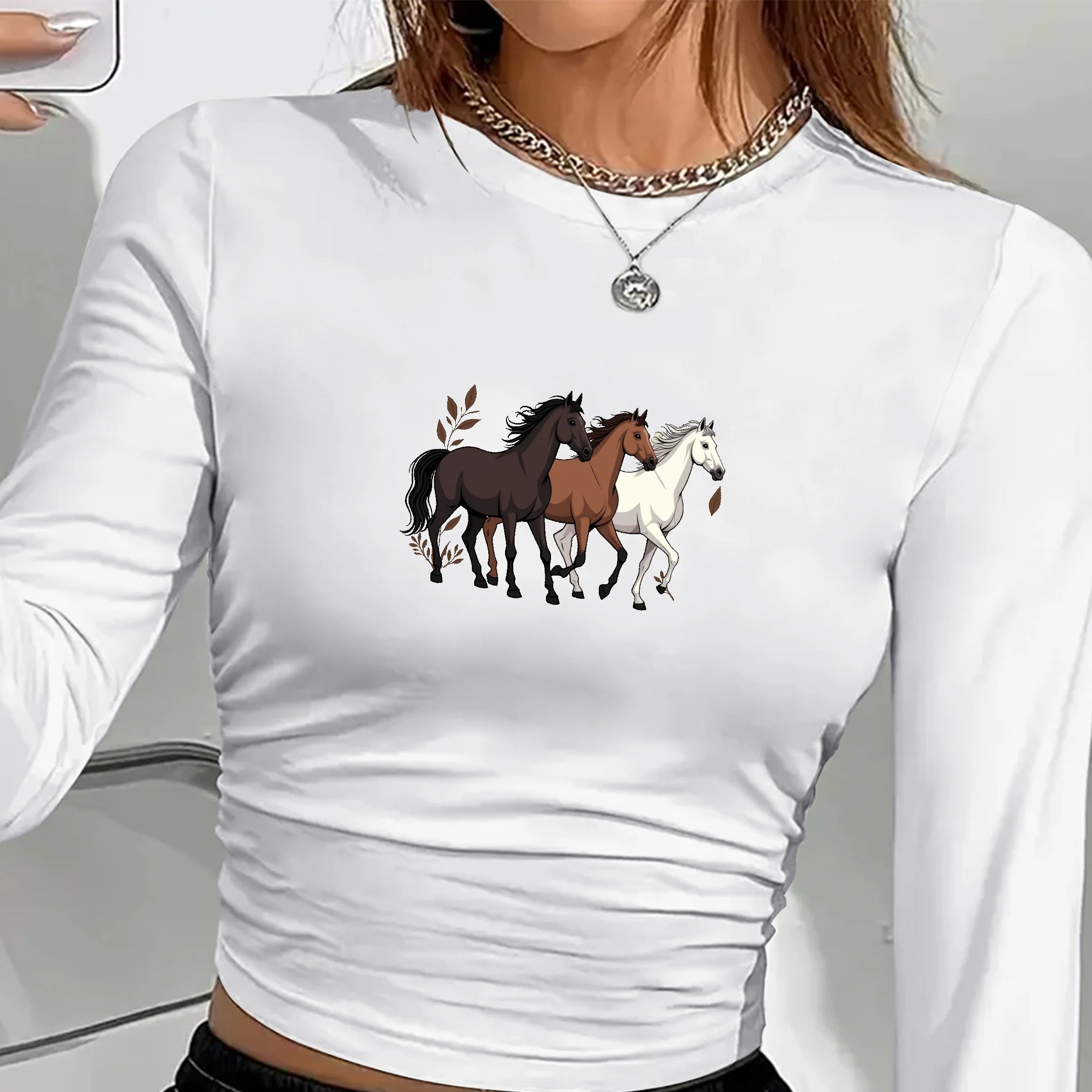EQUESTRIAN with Three Horses Women's Y2K Print Knitted Crew Neck Spandex/Polyester Long Sleeve Shirt