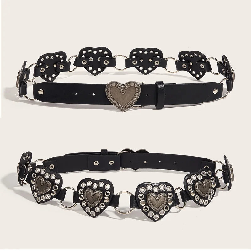 Fashionable Creative Women's Harajuku Heart-Shaped Heart Buckle Y2K Belt Female Black Pu Strap Designer Luxury Jeans Waistband.